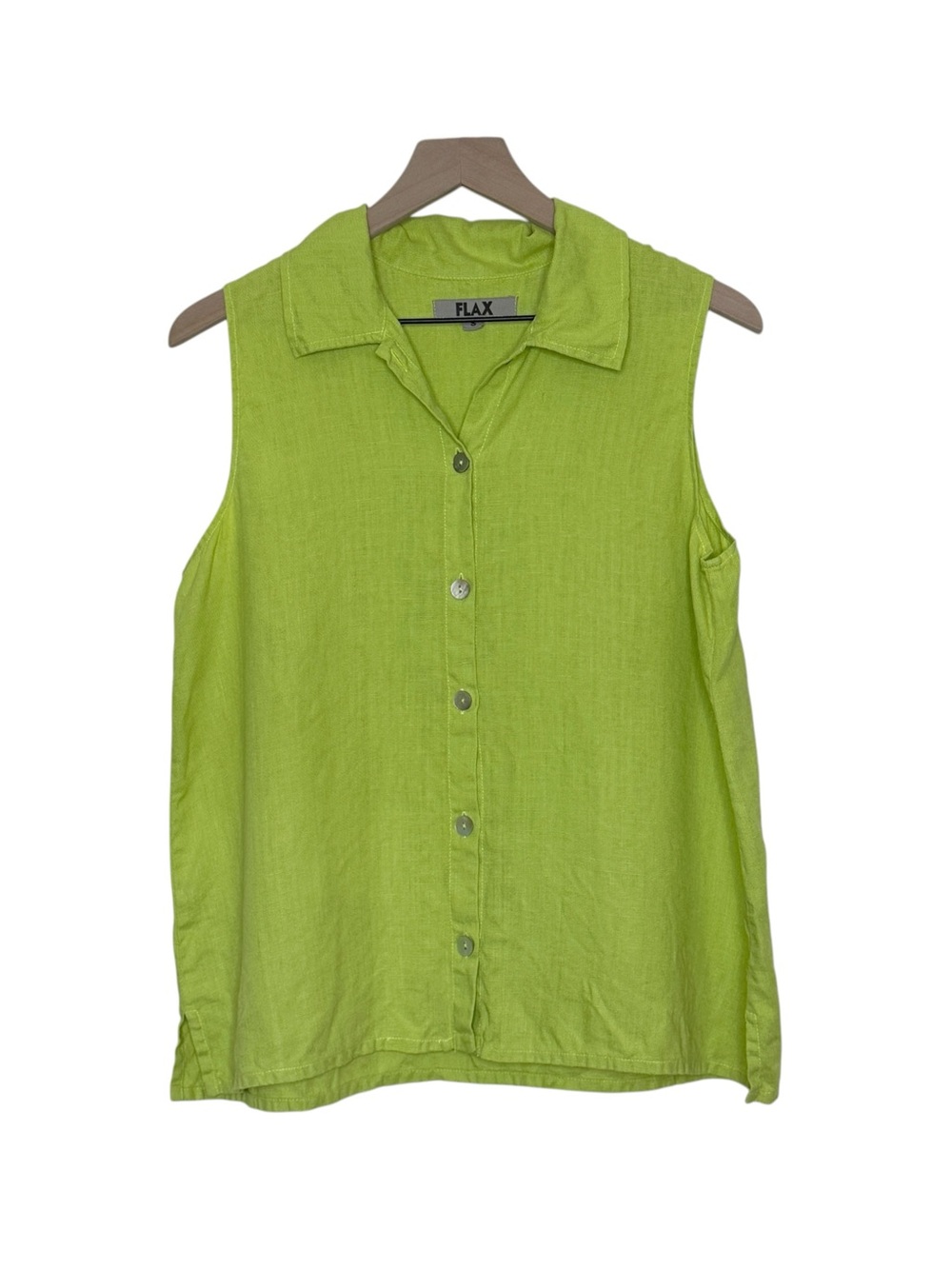 FLAX Linen Sleeveless Collared Button Up Top Green Small Lagenlook Coastal